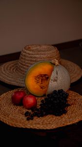 Preview wallpaper pumpkin, apples, grapes, hat, still life