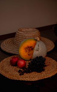 Preview wallpaper pumpkin, apples, grapes, hat, still life