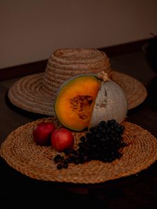 Preview wallpaper pumpkin, apples, grapes, hat, still life