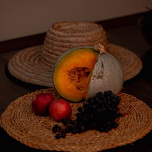 Preview wallpaper pumpkin, apples, grapes, hat, still life
