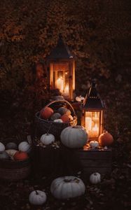 Preview wallpaper pumpkin, basket, lights, autumn, candles, light