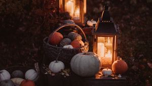 Preview wallpaper pumpkin, basket, lights, autumn, candles, light