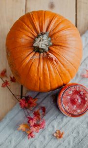 Preview wallpaper pumpkin, fruit, orange, candle, leaves