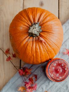 Preview wallpaper pumpkin, fruit, orange, candle, leaves