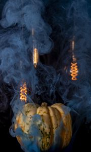 Preview wallpaper pumpkin, halloween, light bulbs, smoke
