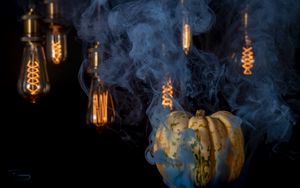 Preview wallpaper pumpkin, halloween, light bulbs, smoke