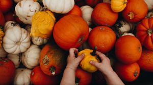 Preview wallpaper pumpkin, hands, child, autumn