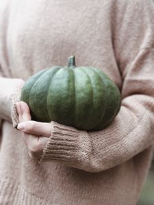 Preview wallpaper pumpkin, hands, sweater, autumn