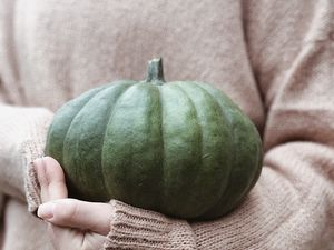 Preview wallpaper pumpkin, hands, sweater, autumn