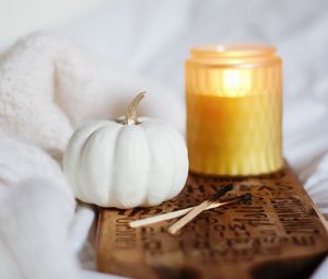 Preview wallpaper pumpkin, matches, candle, board, decoration