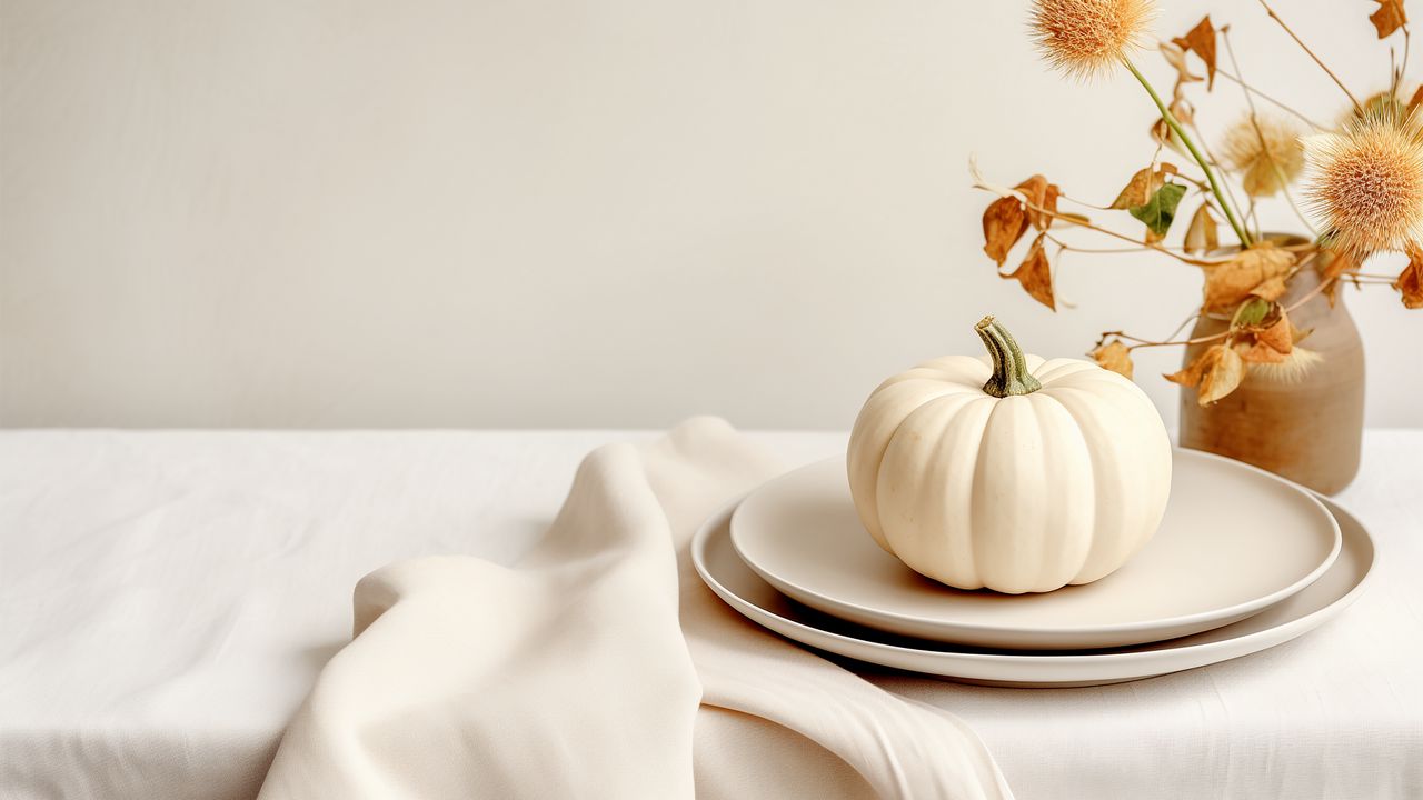 Wallpaper pumpkin, plates, dried flowers, fabric, white, aesthetics