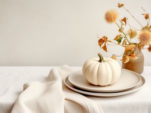 Preview wallpaper pumpkin, plates, dried flowers, fabric, white, aesthetics