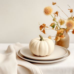Preview wallpaper pumpkin, plates, dried flowers, fabric, white, aesthetics