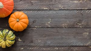 Preview wallpaper pumpkins, autumn, boards, wood