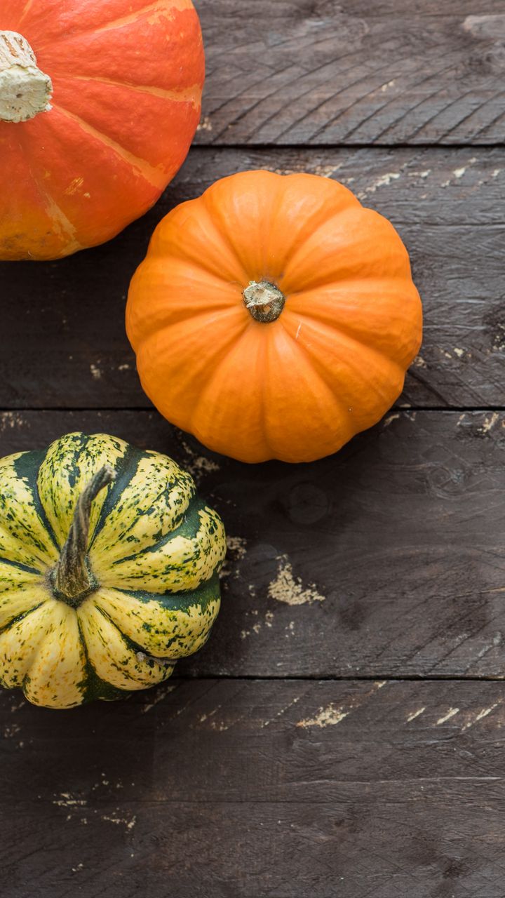720x1280 Wallpaper pumpkins, autumn, boards, wood