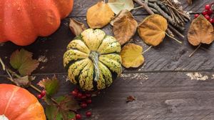 Preview wallpaper pumpkins, leaves, autumn, tree