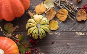 Preview wallpaper pumpkins, leaves, autumn, tree