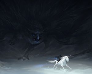 Preview wallpaper pursuit, unicorn, hunting, hawk, beings