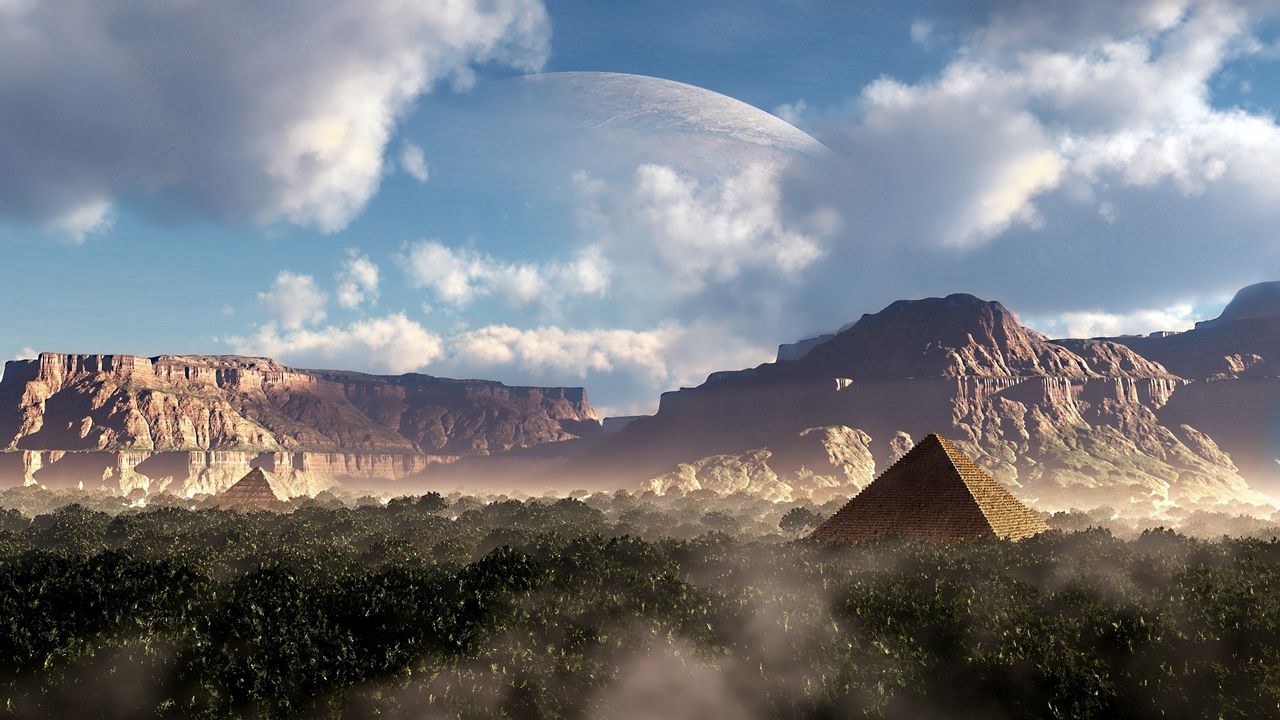 Wallpaper pyramid, fantasy, planet, sky, canyons, mountains, forest