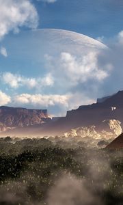 Preview wallpaper pyramid, fantasy, planet, sky, canyons, mountains, forest