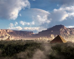Preview wallpaper pyramid, fantasy, planet, sky, canyons, mountains, forest