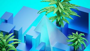 Preview wallpaper pyramid, palm trees, figures, 3d