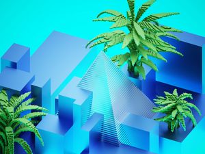 Preview wallpaper pyramid, palm trees, figures, 3d