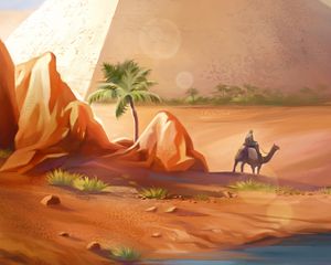 Preview wallpaper pyramids, desert, camel, art