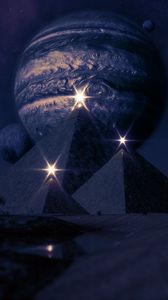 Preview wallpaper pyramids, planets, shine, flashes, dark