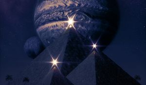 Preview wallpaper pyramids, planets, shine, flashes, dark