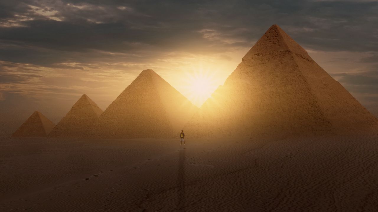 Wallpaper pyramids, sun, desert, silhouette, sunset