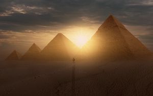 Preview wallpaper pyramids, sun, desert, silhouette, sunset
