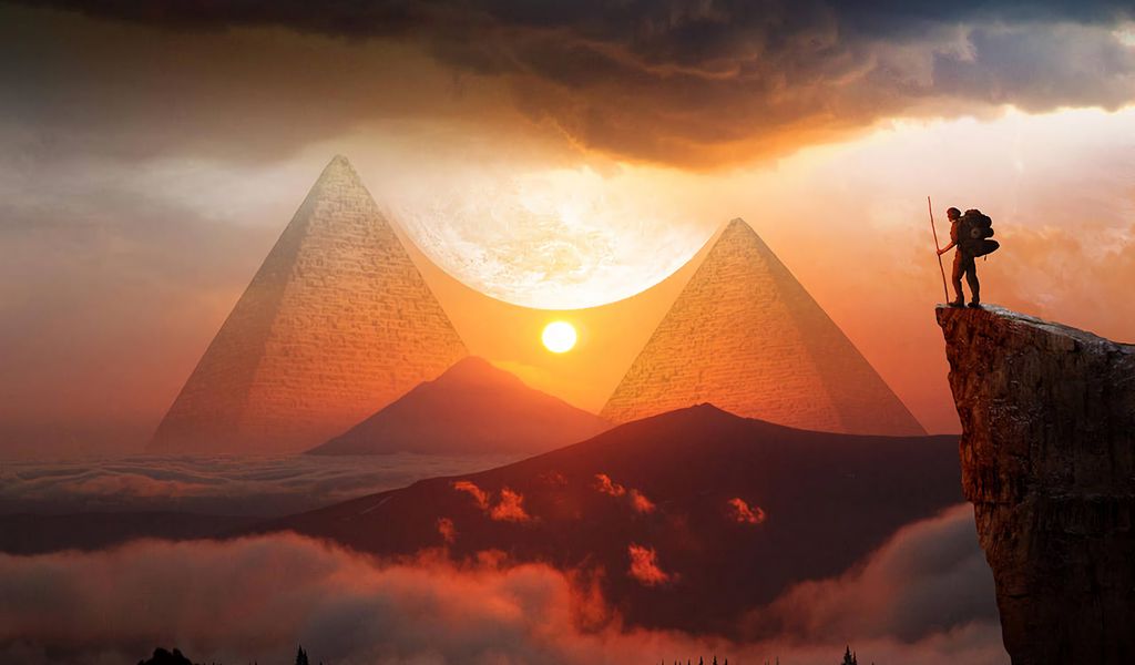 1024x600 Wallpaper pyramids, sunset, landscape, hills, clouds, travel