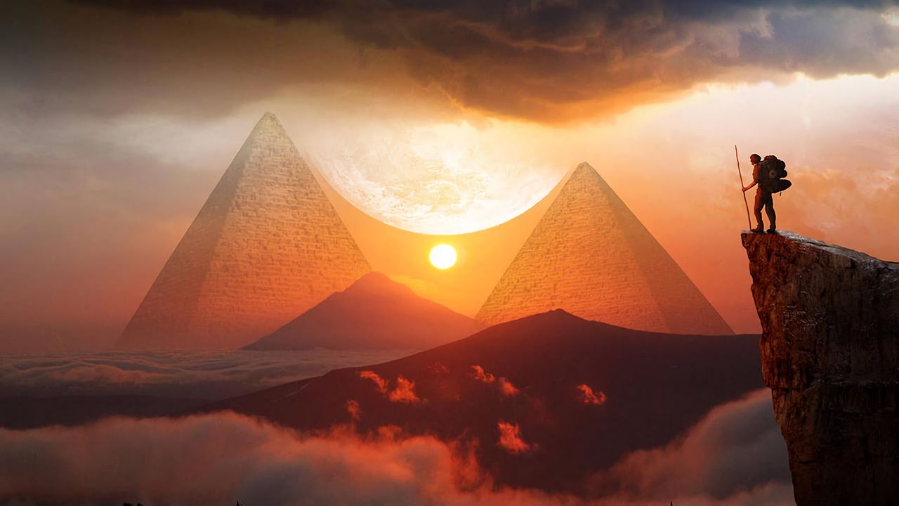 Wallpaper pyramids, sunset, landscape, hills, clouds, travel