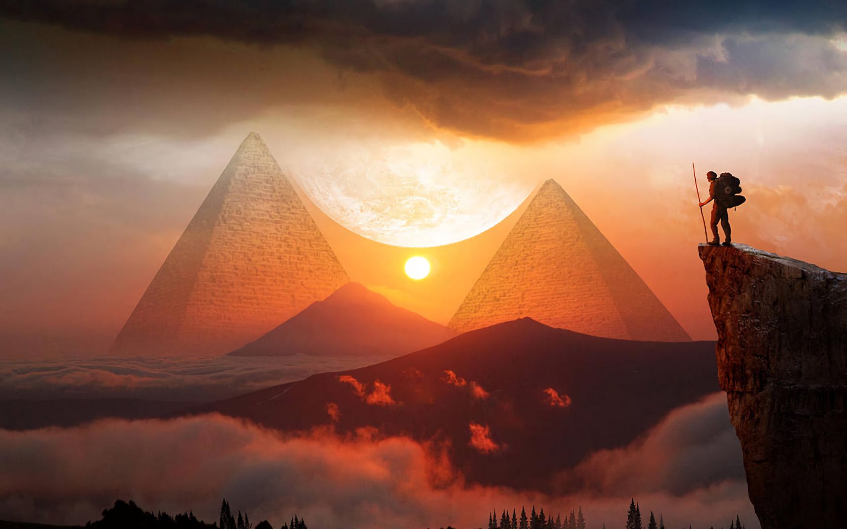 1680x1050 Wallpaper pyramids, sunset, landscape, hills, clouds, travel