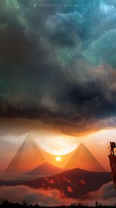 Preview wallpaper pyramids, sunset, landscape, hills, clouds, travel