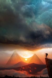 Preview wallpaper pyramids, sunset, landscape, hills, clouds, travel
