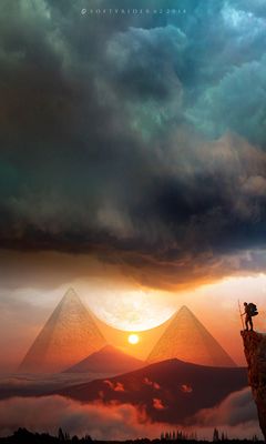 240x400 Wallpaper pyramids, sunset, landscape, hills, clouds, travel