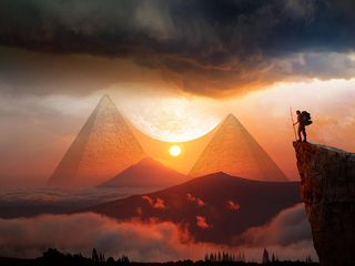 320x240 Wallpaper pyramids, sunset, landscape, hills, clouds, travel