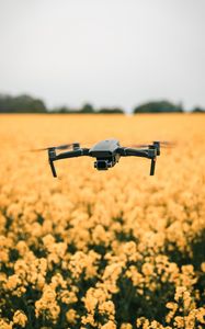 Preview wallpaper quadcopter, drone, flight, flowers, yellow, field