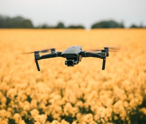 Preview wallpaper quadcopter, drone, flight, flowers, yellow, field