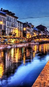 Preview wallpaper quay, cafes, river, bridge, buildings, people, night, hdr