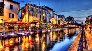 Preview wallpaper quay, cafes, river, bridge, buildings, people, night, hdr