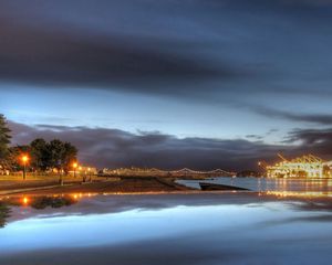 Preview wallpaper quay, city, river, lanterns, water, light, evening