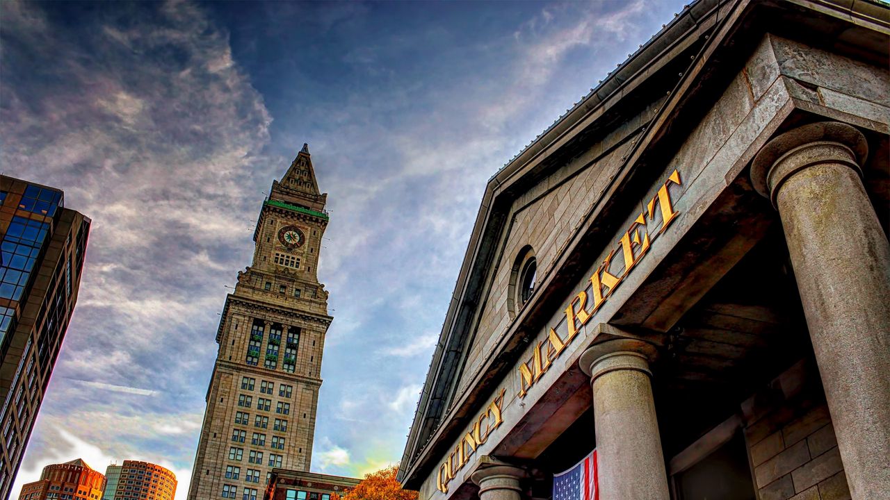 Wallpaper quincy market, boston, building, sky, stone