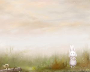 Preview wallpaper rabbit, morning, grass, bear, drawing