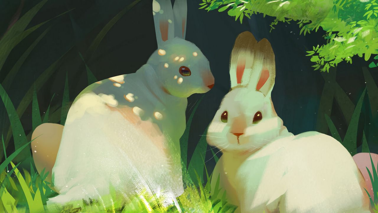 Wallpaper rabbits, grass, cute, art, cartoon