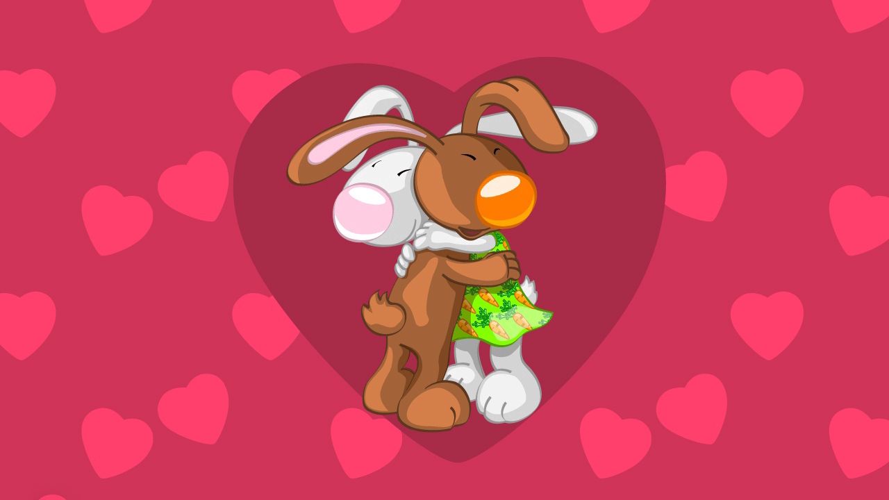 Download wallpaper 1280x720 rabbits, hugs, pink, red, couple hd, hdv, 720p  hd background