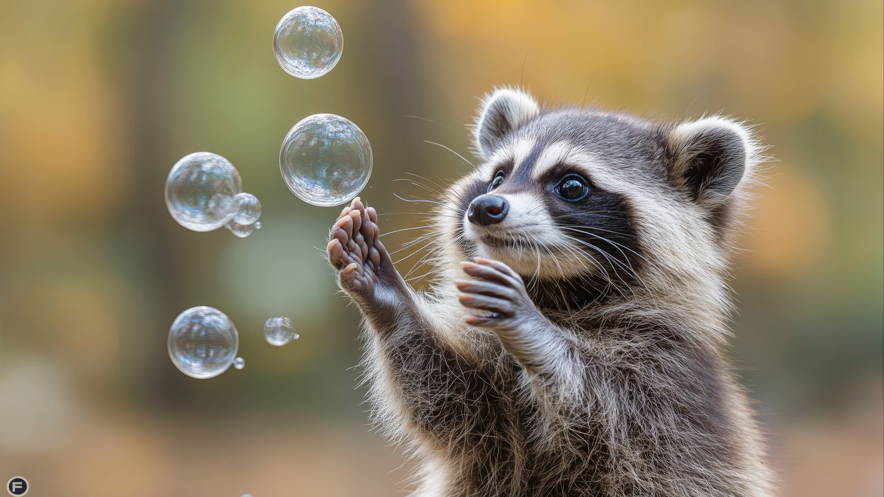 Wallpaper raccoon, animal, bubbles, cute
