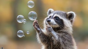 Preview wallpaper raccoon, animal, bubbles, cute